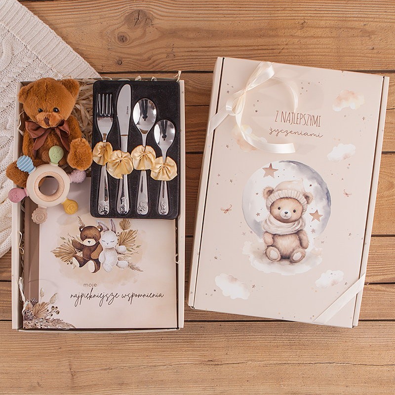 PREZENT na Roczek, Chrzest, narodziny, Baby Shower dla dziecka z księgą i sztućcami DD6